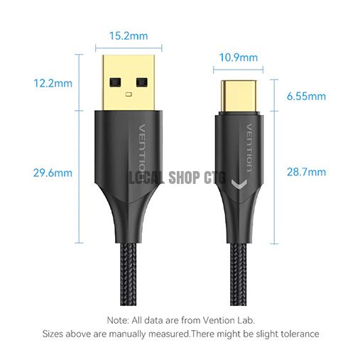 Vention USB 2.0 A to Type-C 3A ক্যাবল - এলইডি সহ