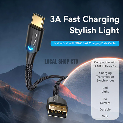 Vention USB 2.0 A to Type-C 3A ক্যাবল - এলইডি সহ