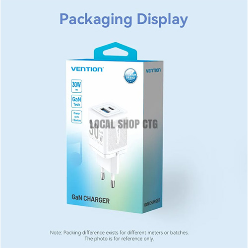 Vention 30W চার্জার – ২টি USB পোর্ট (টাইপ-C এবং টাইপ-A) সহ সাপোর্টেড চার্জার